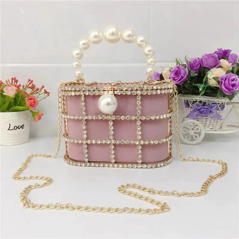 Clutch Purse Luxury for Women Pearl Crossbody Bag Metallic Diamond Handbag Evening Bag Large Capacity Women'S Purse Wedding Bag